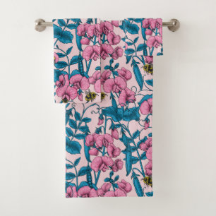 Zoete erwten en hommels, roze en blauw bad handdoek