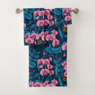 Zoete erwten en hommels, roze en blauw bad handdoek