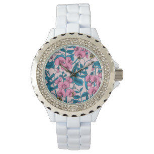 Zoete erwten en hommels, roze en blauw horloge