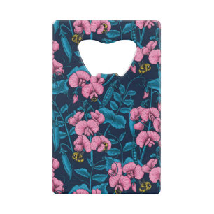 Zoete erwten en hommels, roze en blauw kredietkaart flessenopener