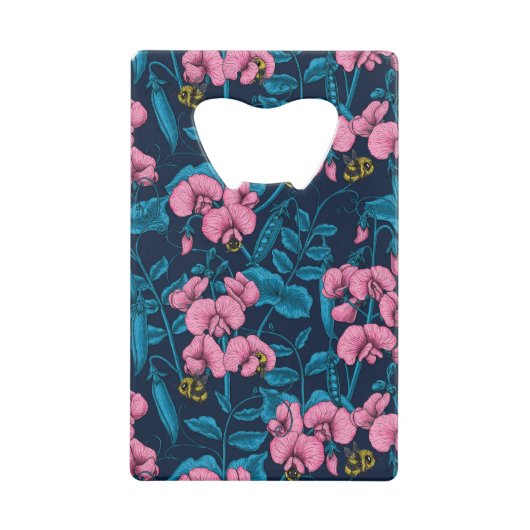 Zoete erwten en hommels, roze en blauw kredietkaart flessenopener (Voorkant)