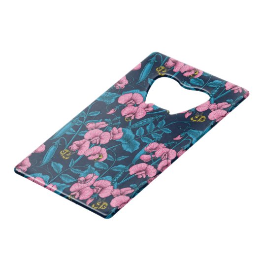Zoete erwten en hommels, roze en blauw kredietkaart flessenopener (Achterkant Gekanteld)
