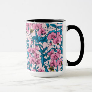 Zoete erwten en hommels, roze en blauw mok