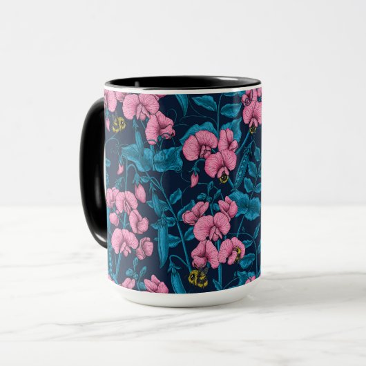 Zoete erwten en hommels, roze en blauw mok (Voorkant links)