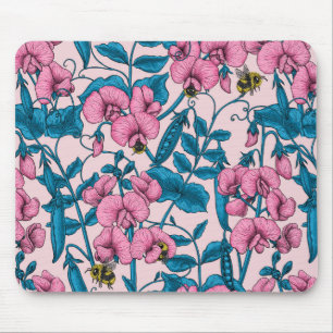 Zoete erwten en hommels, roze en blauw muismat