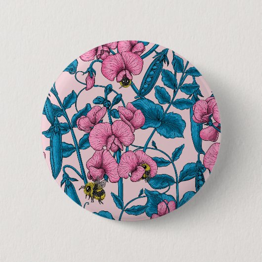 Zoete erwten en hommels, roze en blauw ronde button 5,7 cm (Voorkant)