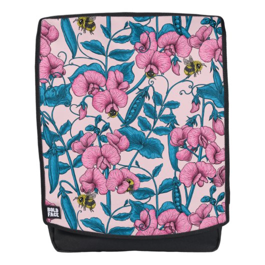 Zoete erwten en hommels, roze en blauw rugtassen (Voorkant)