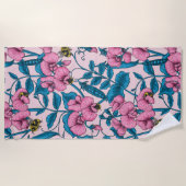 Zoete erwten en hommels, roze en blauw strandlaken (Voorkant)