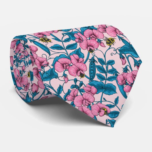 Zoete erwten en hommels, roze en blauw stropdas (Opgerold)
