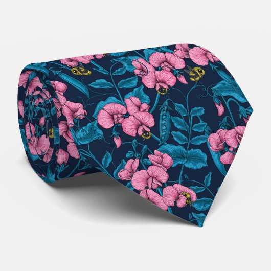 Zoete erwten en hommels, roze en blauw stropdas (Opgerold)