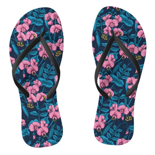 Zoete erwten en hommels, roze en blauw teenslippers (Voetbed)