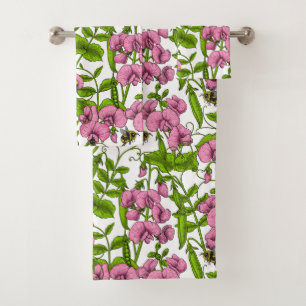 Zoete erwten en hommels, roze, groen en wit bad handdoek
