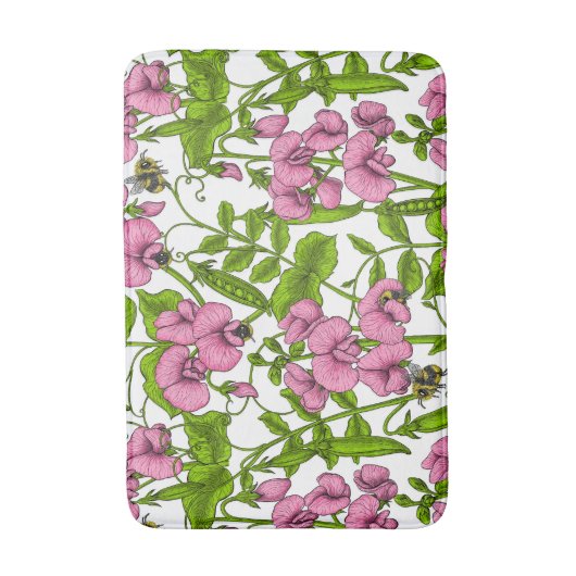 Zoete erwten en hommels, roze, groen en wit badmat (Voorkant Verticaal)