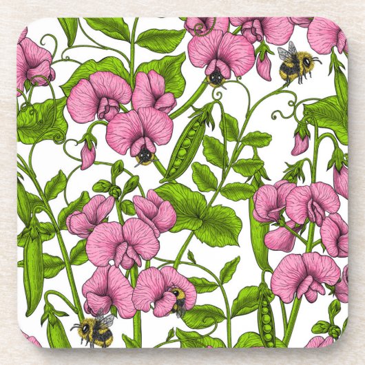 Zoete erwten en hommels, roze, groen en wit bier onderzetter (Voorkant)