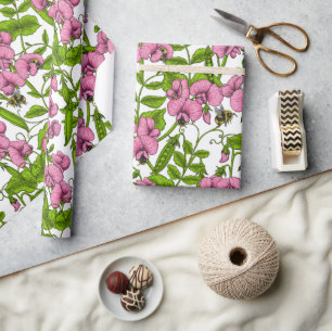 Zoete erwten en hommels, roze, groen en wit cadeaupapier