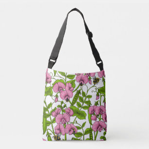 Zoete erwten en hommels, roze, groen en wit crossbody tas