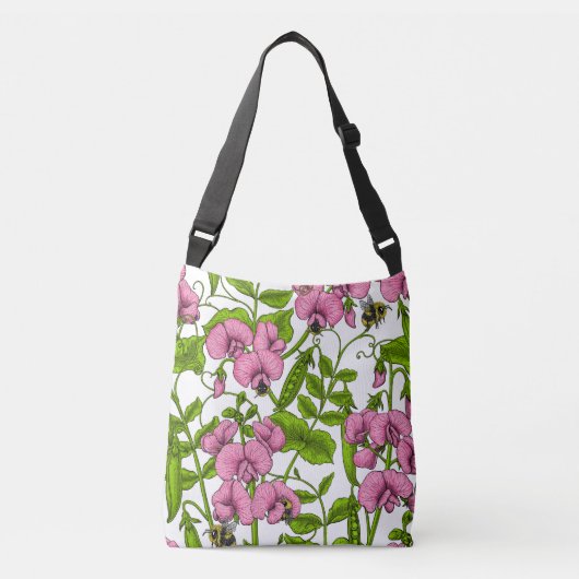 Zoete erwten en hommels, roze, groen en wit crossbody tas (Voorkant)