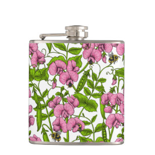 Zoete erwten en hommels, roze, groen en wit heupfles