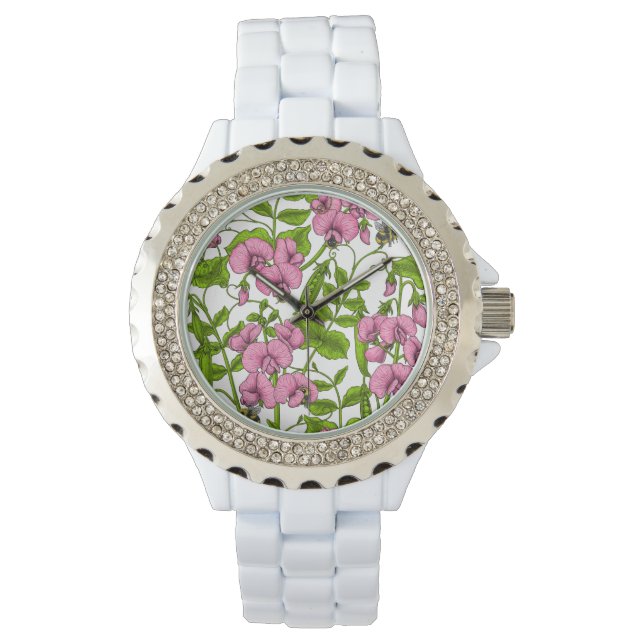 Zoete erwten en hommels, roze, groen en wit horloge (Voorkant)