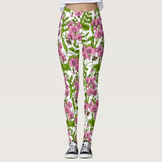 Zoete erwten en hommels, roze, groen en wit leggings (Voorkant)