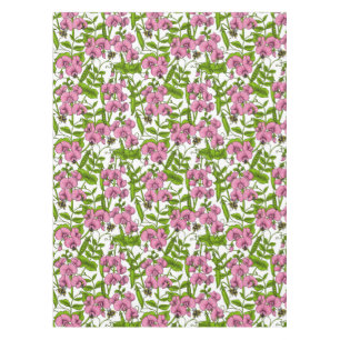 Zoete erwten en hommels, roze, groen en wit tafelkleed