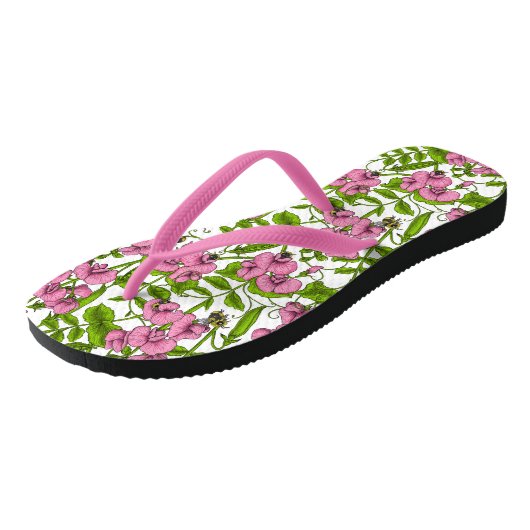 Zoete erwten en hommels, roze, groen en wit teenslippers (Schuin)