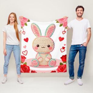 Zoete Gehaakte Konijn & Rozen Fleece Deken