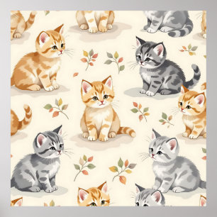 Zoete Gember en Grijze Kitten Aquarel Naadloos Poster