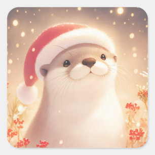 Zoete glimlachende otter in kerstmannenhoed met ro vierkante sticker
