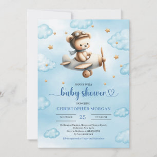 Zoete gouden vliegtuig beer thema jongen baby show kaart