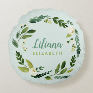Zoete groene krans baby naam monogram rond kussen