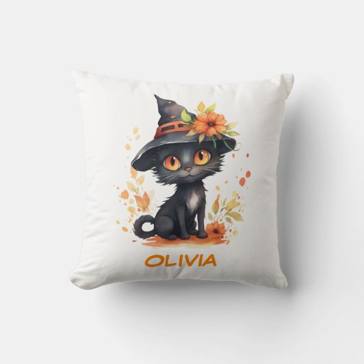 Zoete Halloween Kat Aangepaste Naam Kussen (Voorkant)