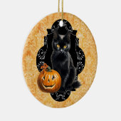 Zoete Halloween Zwarte Kat en Pompoen Keramisch Ornament (Rechts)