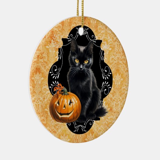 Zoete Halloween Zwarte Kat en Pompoen Keramisch Ornament (Rechts)
