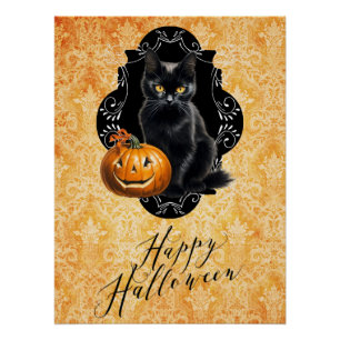 Zoete Halloween Zwarte Kat en Pompoen Perfect Poster