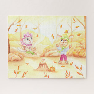 Zoete herfstwandeling in het bos legpuzzel
