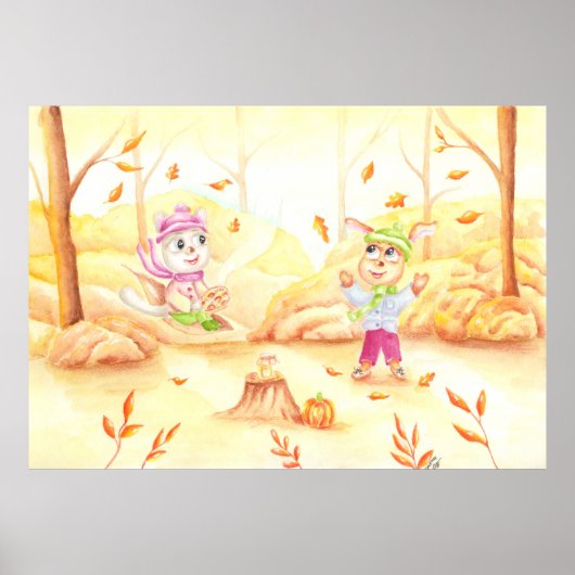 Zoete herfstwandeling in het bos poster (Voorkant)