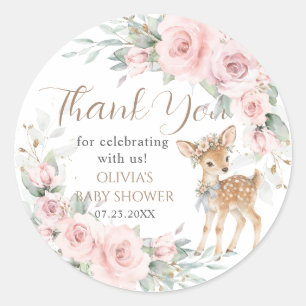 Zoete Herten Blush Roze Bloemige Baby Shower Favor Ronde Sticker