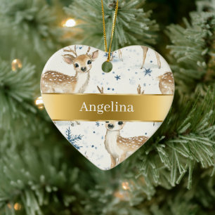 Zoete herten sneeuwvlokken gouden lint kerst keramisch ornament