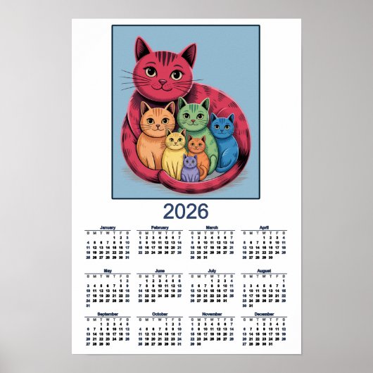 Zoete Kat Familie 2026 Kalender van Katten Poster (Voorkant)