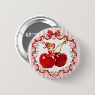 Zoete Kers Roze Coquette Rode Lint Lieve Meisje Ronde Button 5,7 Cm