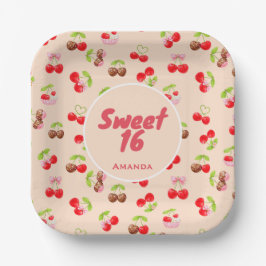 Zoete Kersendessert Verjaardags Patroon Cute Feest Papieren Bordje