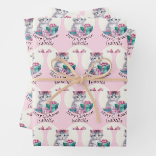 Zoete Kerst Kitty Grote Roze Strik Naam Toevoegen Inpakpapier Vel