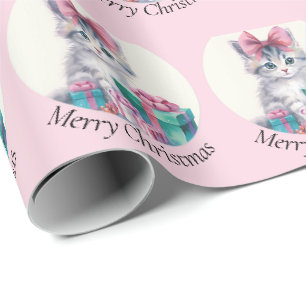 Zoete Kerstkat Grote Roze Strik Naam Toevoegen Cadeaupapier