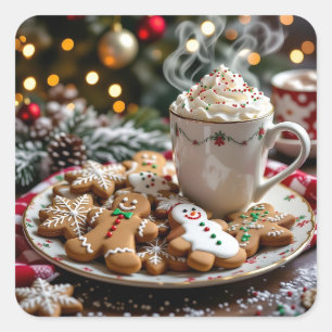 Zoete kerstkoekjes en warme chocolademelk vierkante sticker
