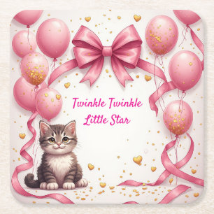 Zoete Kitten Baby Shower Feestje 🎀 Vierkante Kartonnen Onderzetter