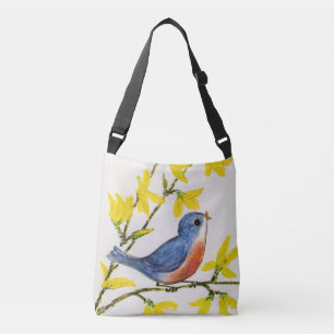 Zoete kleine blauwe rode vogel op tak gele bloem crossbody tas