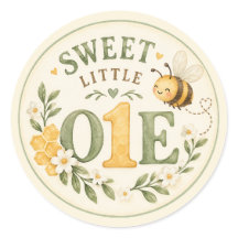 Zoete Kleine Eén 1e Verjaardag Bij Bloem Sticker