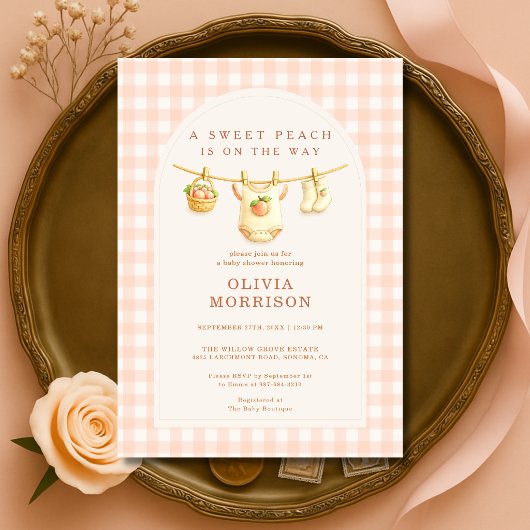 Zoete Kleine Perzik Waskleine Gingham Baby Shower Kaart