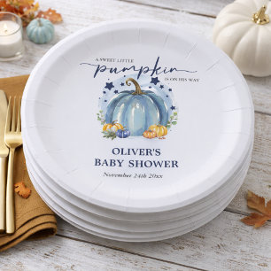 Zoete Kleine Pompoen Op Weg Jongens Baby Shower Papieren Bordje
